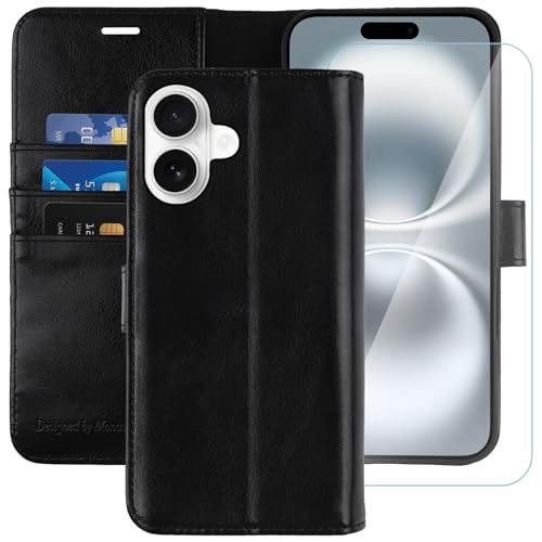 MONASAY Wallet Case Compatible for iPhone 16 5G,[Glass Screen Protector Included] [RFID Blocking] Flip Folio Leather Cell Phone Cover with Credit Card Holder, 6.1-inch, Black
