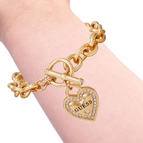 GUESS Goldtone Dangle Logo Heart Charm Chain Toggle Bracelet3