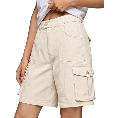 Eddoyee Bermuda Shorts for Women with Pockets Stretchy High Waisted | Cotton Cargo, Knee Length, Elastic Waist, 7 Inch Inseam, Ideal for Summer Casual