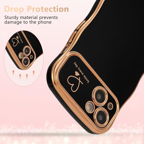 ZTOFERA iPhone 15 用 ハートケース 人気 おしゃれ iPhone 15 波型ケース 柔軟な TPU シリコン ウェーブ デザイン スマホケース メッキ加工 ソフト 軽量 耐衝撃 韓国 可愛い アイフォン 15 ケース 女子 女性 携帯電話カバー ワイヤレス充電対応 (ブラック)