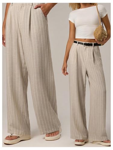 GORGLITTER Women's Zipper Fly Striped Dress Pants Pleated Straight Leg Trousers with Pockets4