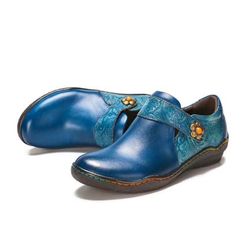 Superladystar's Women Comfy Cowhide Hand Made Flat Shoes, Coloring Painted, Hand Embossed, Retro Style, Walk Shoes4