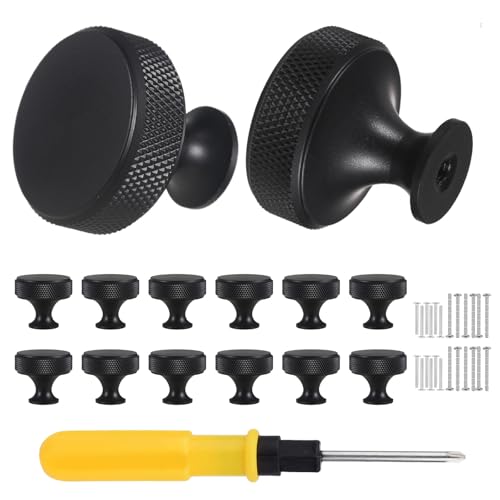 VEGCOO Matte Black Metal Drawer Knobs - Single Hole Round Knurled Cabinet Knobs with Screws for Wardrobe, Cupboard, Dresser (12 Pack)