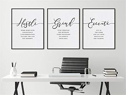 NATVVA 3 Panels Inspirational Quotes Wall Art Hustle Grind Canvas Prints Painting Quote Poster Gifts Artwork for Office Home Decor with Inner Frame