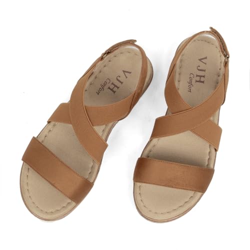 Image of VJH confort Women's Flat Sandals, Comfort Slip-on Elastic Ankle Strap Slingback Light Weight Casual Walking Sandals