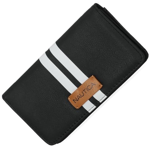 Nautica Seaside Slim Womens Wallet RFID Blocking Credit Card Holder, Coin Purse, Checkbook Organizer Clutch, Small Vegan Leather Wallet for Travel, Black Racing Stripe