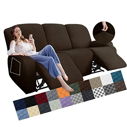 YEMYHOM 8 Pieces Stretch Recliner Sofa Cover Latest Jacquard Reclining Couch Cover with Side Pocket Anti-Slip Fitted 3 Cushion Furniture Slipcovers with Elastic Bottom (Sofa Recliner, Dark Coffee)