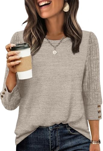 WIHOLL Shirts for Women Casual Sweaters for Women Trendy 3/4 Length Sleeve Womens Tops Plus Size Fall Clothes 2026 Business Casual Outfits Chocolate Brown Fall Clothes Work