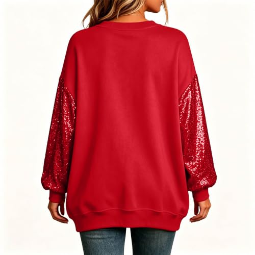 Sequin Tops Women Oversized Patchwork Sleeve Sparkly Sweatshirts Red S - image 3