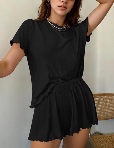 Image of Ekouaer Womens Pajamas 2 Piece Ribbed Knit Pjs Short Sleeve Sleepwear Set Summer Soft Pajamas Set Casual Lounge Sets