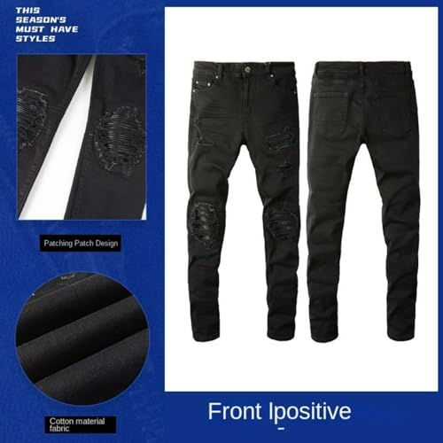 Jeans Pants Trousers Denim Men Street Trendy Stretch Tight Slim Fit Black Patch Punched Small Foot Casual4