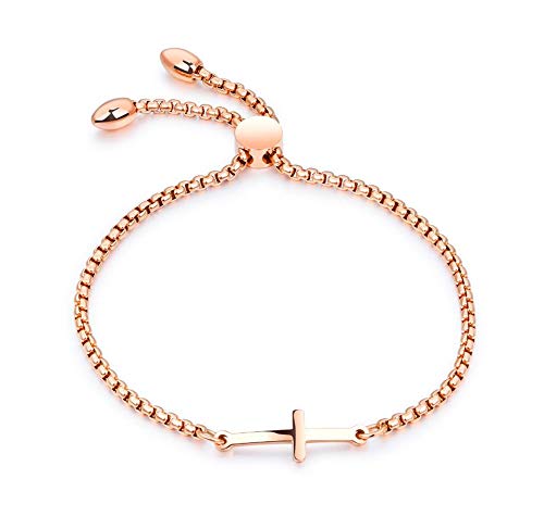 MiniJewelry Cross Bracelets for Women Girls Adjustable Stainless Steel Cuff Bracelet Sideways Cross Charm Bracelet, Rose Gold Bracelet