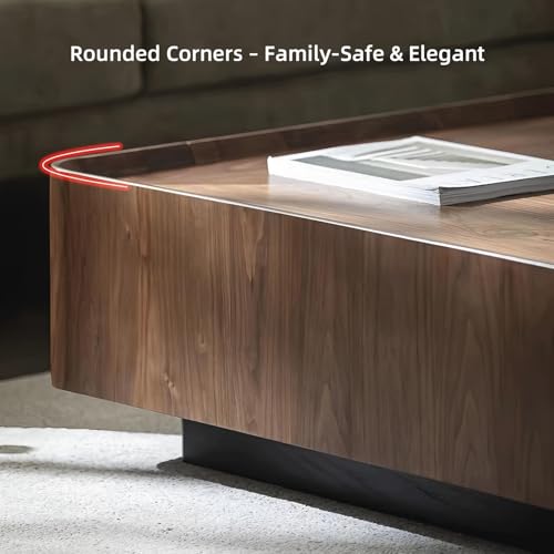 Luxury Wood Coffee Table with Hidden Drawer, Easy Installation Square Center Table for Living Room, Raised Edge Design, Premium Walnut Finish (35.43" Square Coffee Table) - Image 3