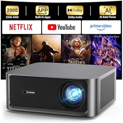 HAPPRUN 2000 ANSI Lumens Outdoor Projector with Built-in Streaming Apps, 4K Decoding Resolution, Dolby Audio, WiFi 6 and Bluetooth 5.2 for Indoor and Outdoor Home Theater