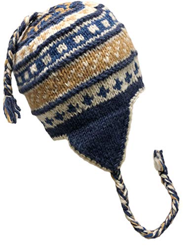 Nepal Hand Knit Sherpa Hat with Ear Flaps, Trapper Ski Heavy Wool Fleeced Lined Cap (Blue/White/Beige)