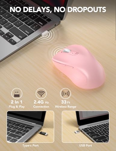 Image of Trueque Wireless Mouse for Laptop, Ergonomic 6-Button Mouse, Baby Pink | 2.4GHz USB receiver, back /forward buttons, 3 adjustable DPI levels, silent clicks, USB-C adapter, Windows /Mac /Chrome OS /Linux