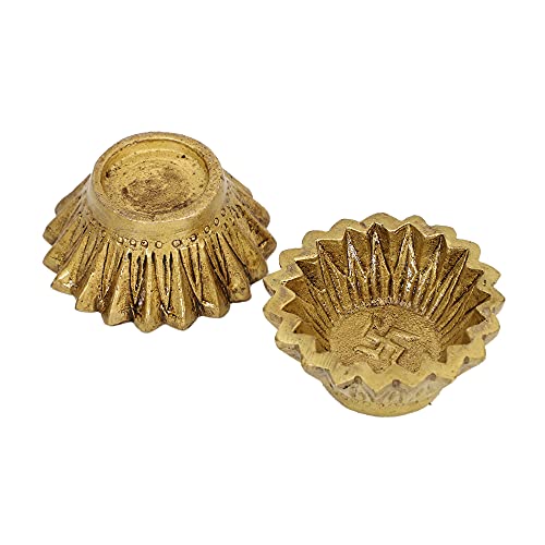 Image of Brass Round Line Pooja Diya, Kuber Deepak Oil Lamp, Pack of 2 | Set of two round brass diyas with decorative lined detailing for pooja, home temple and festive use