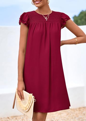 Image of KIRUNDO Wedding Guest Shift Dresses for Women Short Spring Summer Ruffle Cap Sleeve Chiffon Babydoll Flowy Mini Sundress(Jujube Red, Medium)