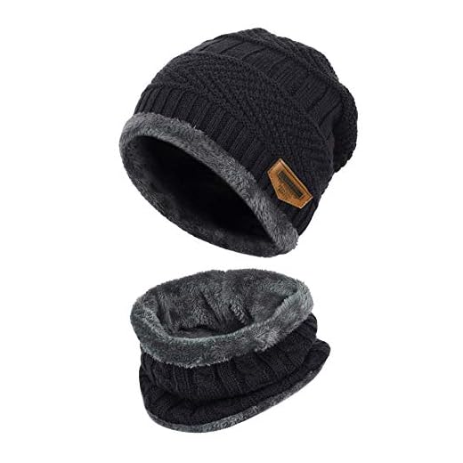 K.tchard Barn vintermössa mössa mössa med halsduk set slouchy stickad mössa varm stickad mössa fleece foder hatt 2–8 år, svart, En Storlek