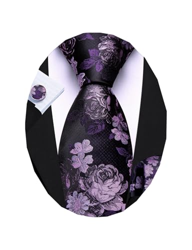 Image of Barry.Wang Flower Ties for Men Silk Woven Floral Tie Sets Necktie Handkerchief Cufflinks Wedding Party