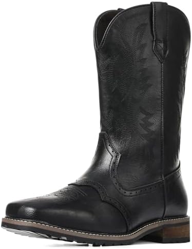 femflame Cowboy Boots For Men Square Toe Leather Western Boots Classic Embroidered Durable Slip Resistant Chunky Heel Pull On Distressed Work Boots