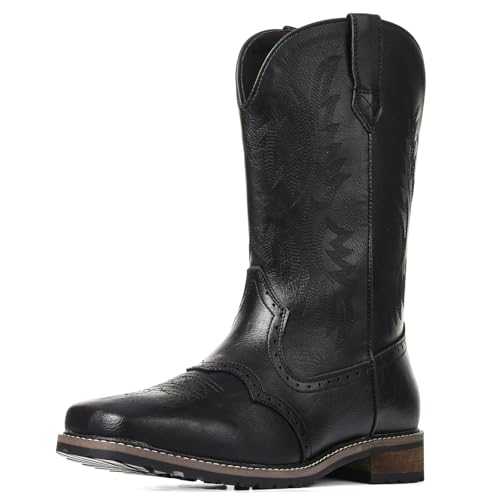 femflame Cowboy Boots For Men Square Toe Leather Western Boots Classic Embroidered Durable Slip Resistant Chunky Heel Pull On Distressed Work Boots