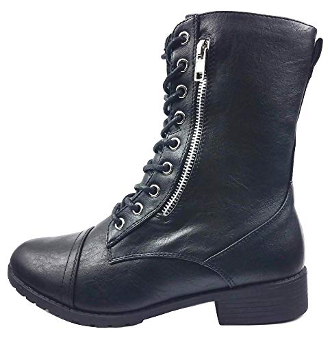 Image of Forever Link Womens Round Toe Military Lace Up Knit Ankle Cuff Low Heel Combat Boots