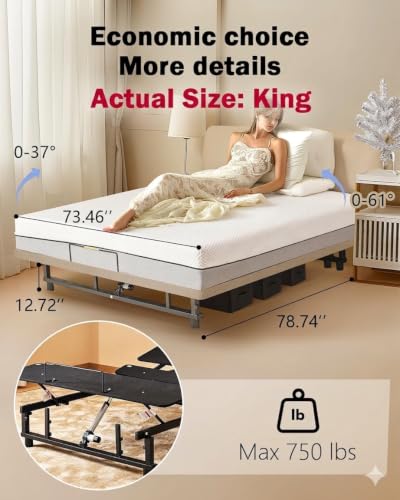 Image of Mixcous Heavy Duty Adjustable Bed Frame - Zero Gravity for Snoring Relief & Back Pain, Quiet Motor Head and Foot Incline, Wireless Remote Control, Easy Installation (79 inch L x 74 inch W x 12.72 inch H)