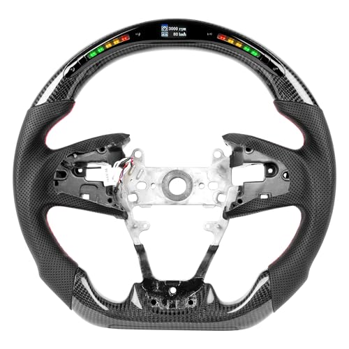 JIANGGAI Perforated Leather Grip Carbon Fiber Steering Wheel, D-Shaped Flat Bottom LED Steering Wheel Fit for Honda Civic Gen 10th, Type R FK8 2016-2021(Red Stitching)