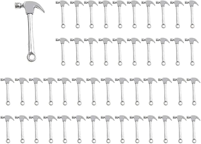 HDouii 50Pcs Jewelry Making Charms, Hammer Pendant Ancient Silver Findings Craft for Jewellery Making Necklace Bracelet Accessories (Ancient Silver)