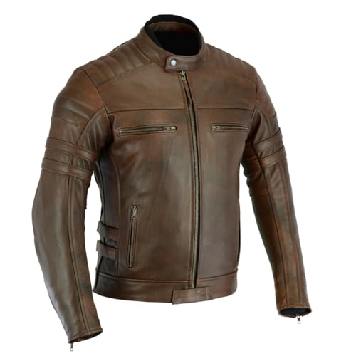 JACKET4U Herren Motorrad Lederjacke Level 2 Schutz, Touring, Motorrad, Biker, CE Protektoren, Used Look, Naturnarbenleder, MBJ-4068, Braun, L