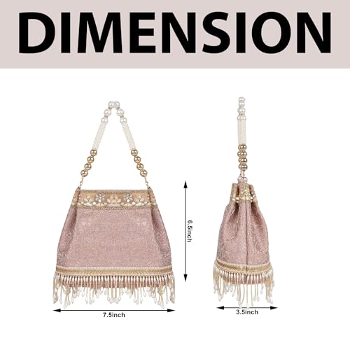 Image of Nevis PU Silk Fabric Women's Embellished Potli Bag with Pearl Handle & Fringe Detailing | Designe Wedding & Festive Handbag