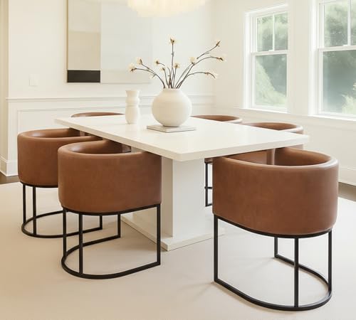 Image of HNY Mid Century Modern Upholstered Barrel Dining Chairs with Arms Set of 2, Leather Kitchen & Dining Room Chairs, 18.5 inch Wide Accent Chairs for Dining Room Living Room with Black Metal Frame, Brown