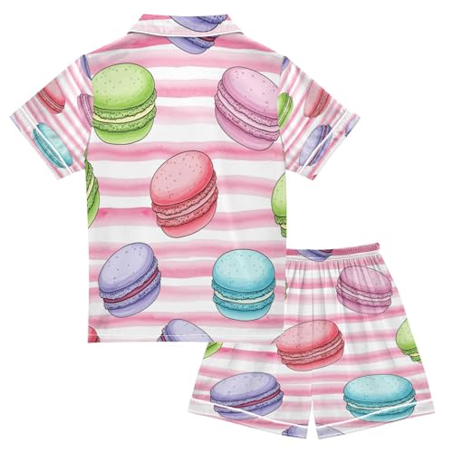Satin Pajama Sets Short Sleeve Macaron Pattern Stripes Button Down Silky Nightwear 2 Piece PJS 5-14Y2