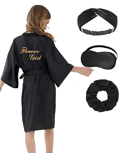 ALHAVONE Glittering Flower Girl Solid Color Satin Robe for Wedding Bridal Party (Black, 4)