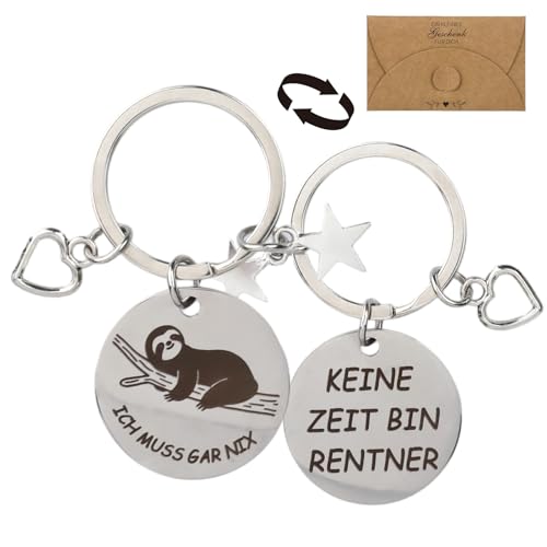 Ruhestand Geschenk Frauen, Renteneintritt Geschenk Männer, Lustiger Faultier Schlüsselanhänger mit Gravur „Ich muss gar nix – keine Zeit, bin Rentner!“, Rente Geschenke Frau für Kollegen Abschied