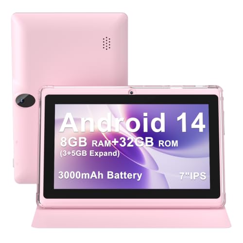 Image of 7 inch Tablet with Protective Case Included, Android 14.0, 8GB(3+5GB Expand) RAM+ 32GB ROM, IPS1024 x 600,Dual Camera, 3000mAH Battery, 2.4G+5G Wi-Fi Pink
