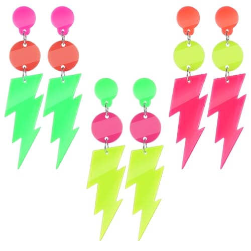 Nogeqi 3 Paar Ohrringe 90er Jahre Damen Karneval Retro Neon Ohrringe 80er, Acryl Schmuck Vintage 8x2cm Quastenohrringe für Fasching Carnival...