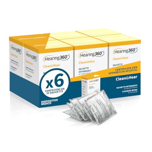 Hearing 360 180 Salviette Detergenti Igienizzanti Salviettine per Apparecchi Acustici e Amplificatori Acustici 13x13cm confezionate singolarmente