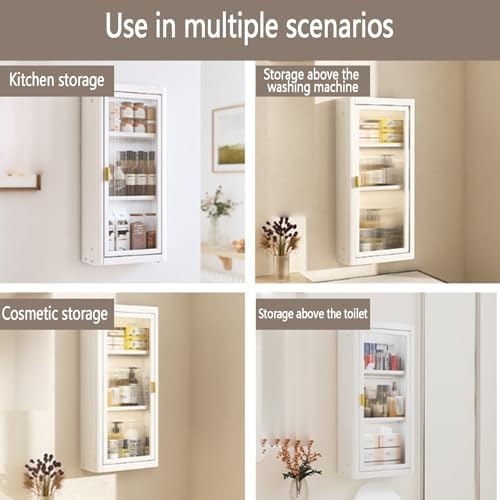 2-4 Layer Floating Bathroom Medicine Cabinet - Space-Saving Over Toilet Storage Organizer with 2 Acrylic Doors, No Drill Modern Black & White Finish for Cosmetics & Kitchen, 30x14x71cm