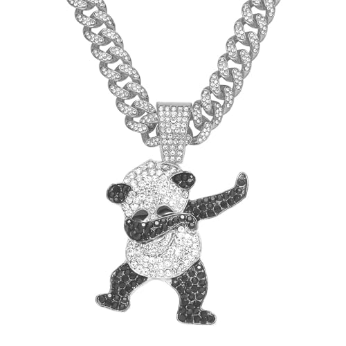 Xikui Cuban Pendant Necklace, Miami Ice Out Chain Necklace, Animal Pendant Hip-Hop Jewelry for Men Women, 20inch (silver panda)
