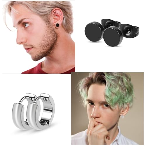 Dreamhigh 12 Paire Boucle D’oreille Homme, Hommes Inoxydable Boucles D'oreilles en Acier, Boucles D'oreilles Hommes en Acier Inoxydable, Ronde Clou d’Oreille Piercing, Noir et Argent – vue 7