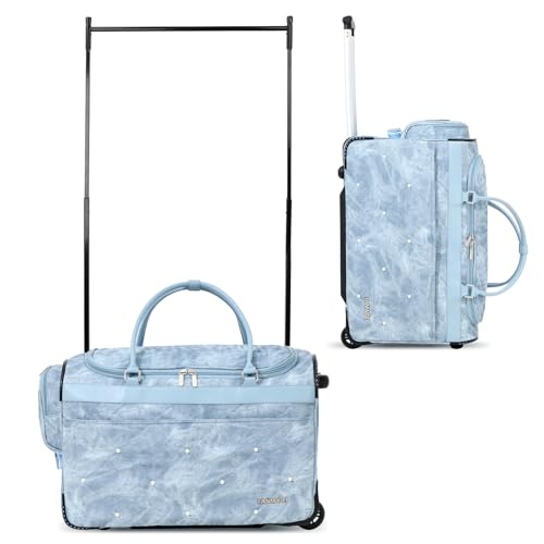 Fanwoli 23 Light Denim Dance Bag with Garment Rack | Pearlized Quilting | Waterproof Textured PU Leather | Competition Duffle Bags | Rolling Suitcase for Dancer Cheerleader Performers