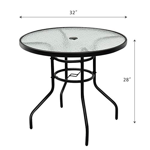 Tangkula 32" Outdoor Patio Table Round Steel Frame Tempered Glass Top Commercial Party Event Furniture Conversation Coffee Table For Backyard Lawn Balcony Pool With Umbrella Hole #TOP2