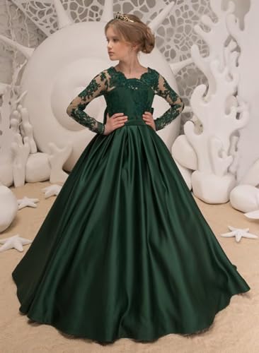 Long Sleeve Pageant Dresses for Girls Satin Lace Flower Girl Dress with Bow Kids Prom Ball Gown2