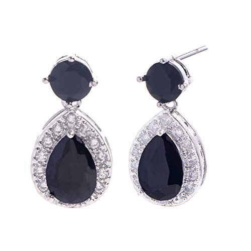 Black Cz Teardrop Dangle Earrings For Women Small Sterling Silver Halo Round Pear Shaped Crystal Cubic Zirconia Birthstone Bridal Drop Earrings For Wedding Bride #TOP10
