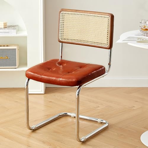 Sillas de Comedor de ratán con Respaldo sin Brazos - Juego de 2 sillas tapizadas de Piel sintética con Patas cromadas para Cocina y cafetería (marrón, 1 Unidad (20 x 18 x 18 pulgad