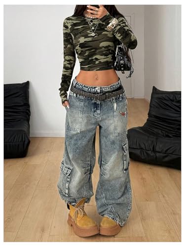 Image of RoseSeek Women's Camo Print Crop Tops Long Sleeve T Shirts Slim Fit Tops