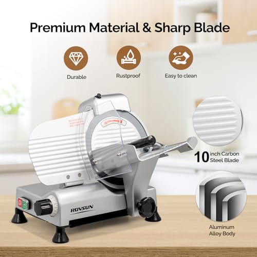 ROVSUN 10 inch Commercial Meat Slicer, 240W Electric Meat Slicer Machine, Frozen Meat Deli Cheese Food Slicer with Adjustable Thickness(0-12mm), Upgraded Carbon Steel Blade for Home and Commercial