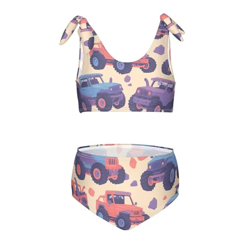 KLL Hand Drawn Truck Car Pattern Cute Girls 2 Piece Bikini Sets Scoop Neck Beach Swimwear Swimsuit
